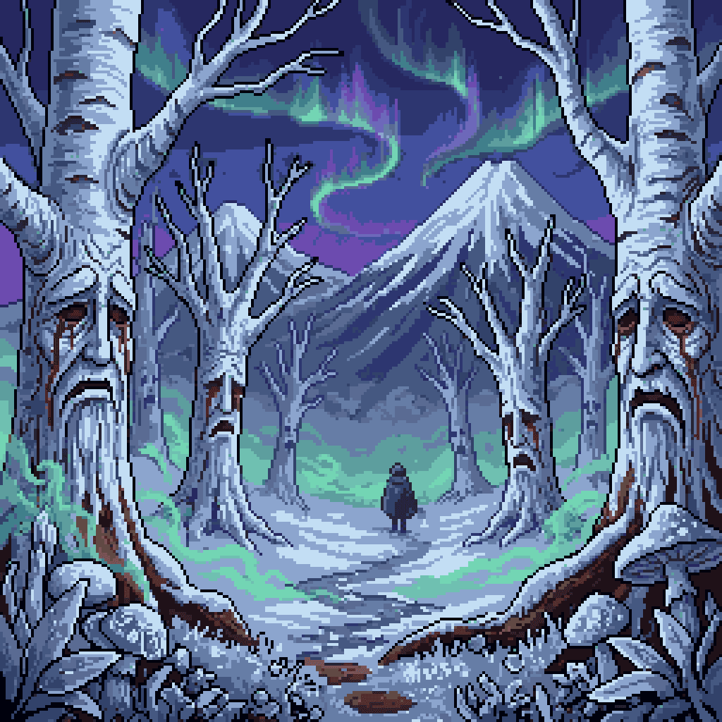 Pixel-art birch forest beneath an aurora inside an Arkyv world